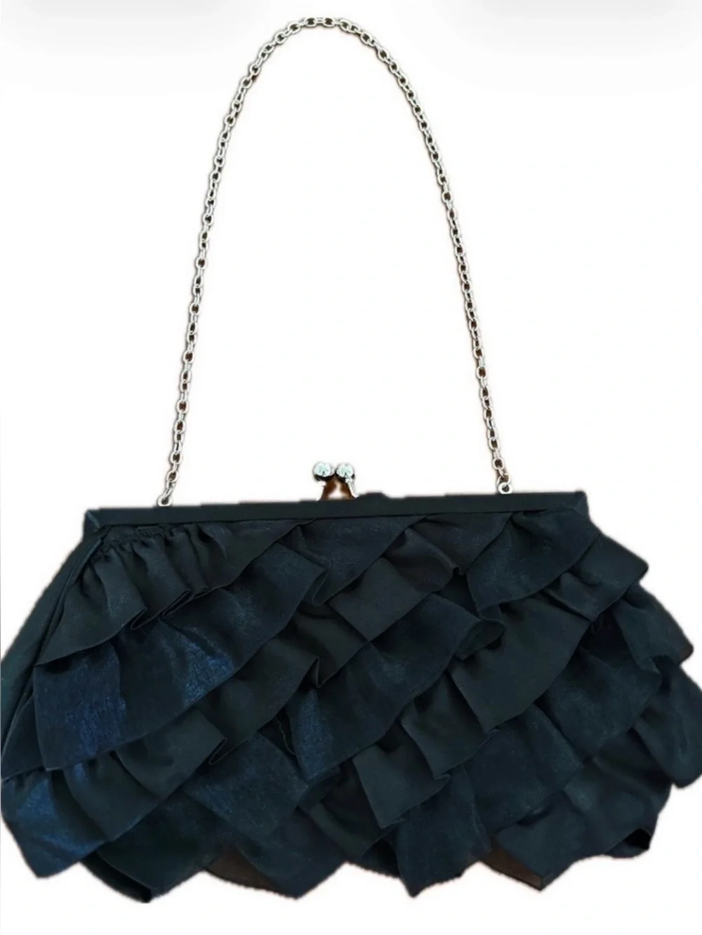 White House Black Market Black Satin Ruffle Clutch Evening Bag, Silver Chain